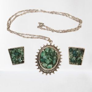 Turquoise Nugget Pendant and Clip-on Earring Set with 27" Silvertone Chain